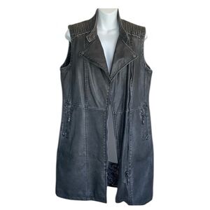 MONTANA CO long grey faux leather vest, zip front/pockets, shoulder detail. L